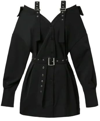 Vestido Camisero gótico Negro con cinturón Estilo Punk Mini Correa Otoño Ropa de Club Femenina Fiesta sin Hombros Ropa de Calle-Negro-M