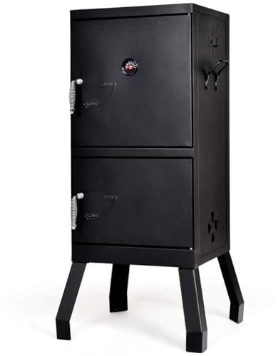 Affumicatore Verticale a Carbone, Barbecue a Carbone per Esterni, Forno a Carbone Affumicato, Struttura in Ferro, con Due reti cromate, Due pentole per Carbone, Adatto per Picnic sul Prato, Barbecue