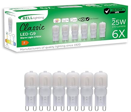 BELL Lighting G9 LED Bulbs 6 Pack Warm White 2700K 2W Capsule Bulbs | Energy saving G9 LED capsule bulbs with warm white 2700K light, ideal for lamps, chandeliers and decorative fittings.