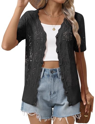 Zeagoo Women's Short Sleeve Summer Cardigan V-Neck Button up Lightweight Hollow Out Sweater Cardigans Shrug A-Black