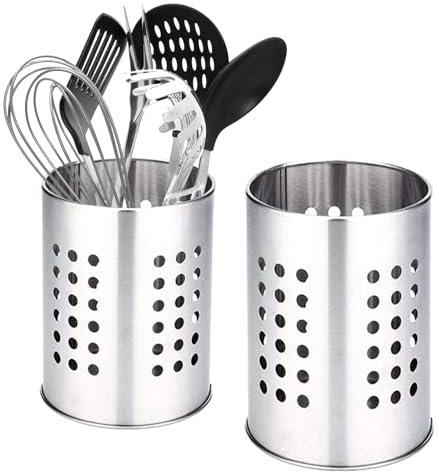 SMYJDMM Stainless Steel Cutlery Drainer, 2 PCS Kitchen Utensils Holder for Countertop, Farmhouse Stylish Organizer and Kitchen Decor Utensil Crock Cutlery Holder for Tableware Storage