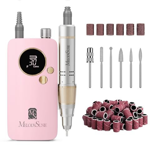 MelodySusie Electirc Nail Drill 30000 RPM, SC320F Professional Rechargeable Portable Nail File,Cordless E File for Acrylic Nails Gel Polishing Removing Nail Kit for Manicure Salon Home (Pink)
