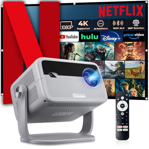 【Netflix Official & Autofokus / 6D Trapezkorrektur & 600 ANSI】 Mini Beamer WiFi6 Bluetooth Auto Fokus, 360° Drehbarer Handy Projektor FHD 1080P Beamer 4k Heimkino/Sprachsteuerung Smart Projector