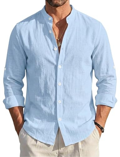 Camicia da uomo in lino e cotone a maniche lunghe casual tinta unita estate spiaggia casual