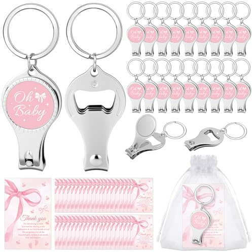 Shknldzsm 30 Set Pink Bow Baby Shower Party Favors for Girl - Coquette Nail Clipper Bottle Opener Keychains,Thank You Cards, Organza Bags,Return Gifts for Guests Gender Revel Decoration Supplies