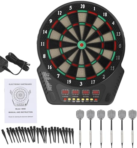 Bersaglio elettronico per freccette con 6 freccette, 24 freccette, 27 modalità di gioco, 4 schermi a LED, indicazioni vocali e funzione di conteggio automatico, per 1 fino a 16 giocatori