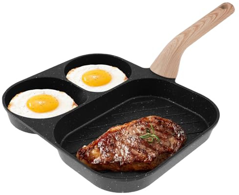 Ghshanog Egg Frying Pan,Non-Stick Pancake Pan with 3 Compartments,Mini Omelet Skillet with Wooden Handle,Aluminum Fried Egg Burger Pans for Breakfast Steak Pancakes Burgers(black)