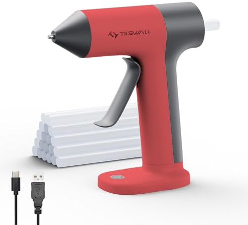 Tilswall Hot Glue Gun, Glue Gun Cordless with 30s Fast Preheat, 20pcs Premius Glue Sticks, Smart Power-Off, USB-C Inputs Suitable for DIY Crafting - Red