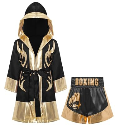 Eandarui barn, pojke, boxerkostym, långärmad, satin, huvkappa med bälte, muay thai shorts, kickboxing set för 5–16 år, svart guld C 146–152