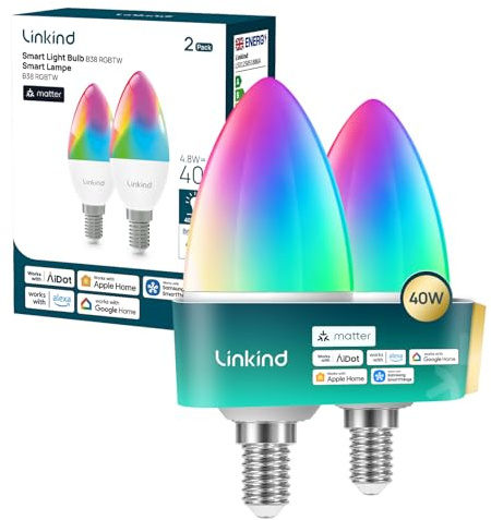 Linkind Matter Smart RGBTW LED Lampe E14, 470lm, 4.8W=40W, 1800K-6500K, 16 Mio. Farben & CRI 90+, 1-100% Dimmbar, Musik-Sync, Kerzenform, kompatibel mit Apple Home, Alexa, SmartThings, AiDot, 2 Stück