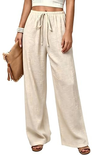 QAUN Crinkle Indoor Trousers Womens Breathable Summer Wide Leg Pants Ladies Drawstring Elastic Waist Casual Trousers