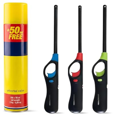 Straame Gas Refill Canister and 3 BBQ Lighters, Extra Long Refillable Set | 27cm reach keeps hands from heat, safety switch, easy-press ignition, Camping Essentials, universal valve