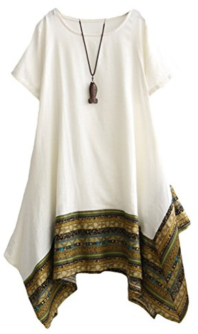 Minibee Women's Ethnic Cotton Linen Short Sleeves Irregular Tunic Dress (L, White)