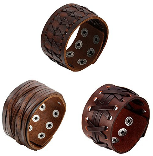 OIDEA Assorted 3pcs Mens Punk Multistrand Leather Braided Bangle Cuff Bracelet for Biker Dad Father, Size Adjustable,Brown