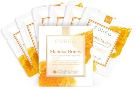 FOREO UFO Manuka Honey, mascarilla facial activa para piel cansada y apagada, pack de 6, antiedad, calmante, con miel de manuka y alantoína, cruelty free, compatible con todos los dispositivos UFO