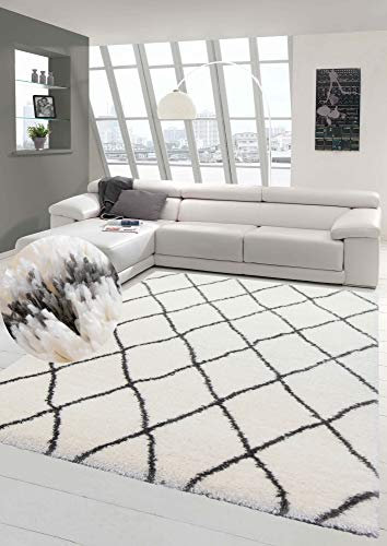 Teppich Shaggy Hochflor Teppich Langflor Rautenmuster in Creme grau Größe 200 cm Quadrat