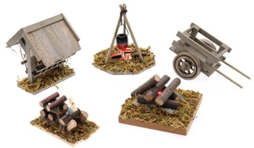 ELLUG Krippenzubehör Set 5tlg. Zubehörteile aus Holz: Futterkrippe, Kochstelle, Lagerfeuer mit LED, Sägestelle, Schubkarren, max. H.: 9cm