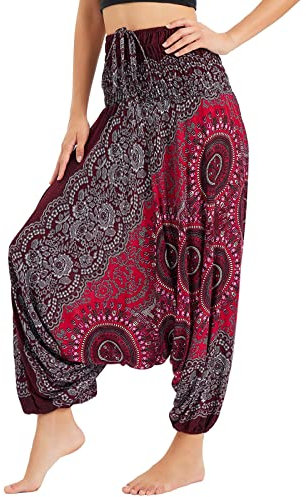 Nuofengkudu Damen Tiefer Schritt Hippie Haremshose Baggy Bunte Harem Jumpsuit Viskose Hose Leicht Dünn Luftig Wahrsagerin Kostüm Hosen Sommerhose Yogahose Haushose Einheitsgröße Kompass WeinRot