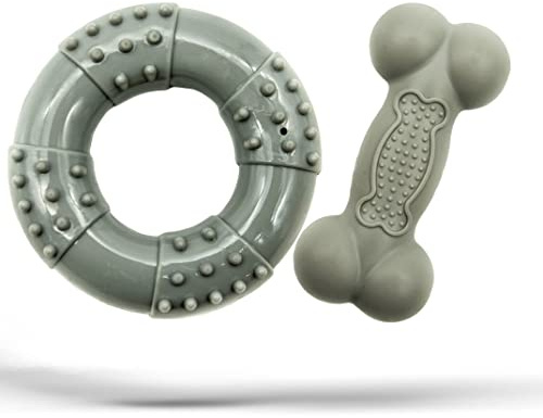 Dog Chew Toy | Rubber Dog Chew Bone Ring | Durable Squeaky Dog Bones Pet Chew Tooth Cleaning Ring Toy | Puppy Toys Medium Dog Stuff | Dog Chews for Teeth (Grey, Bone and Ring)