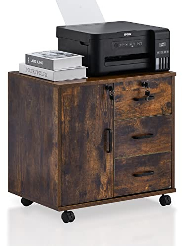 TUKAILAi Rolling Filing Cabinet with 3 Drawers & Lockable Cupboard, Brown | Lockable cupboard & drawers, 360° smooth casters, holds A4/Letter files, ample storage space, ideal for home office, study