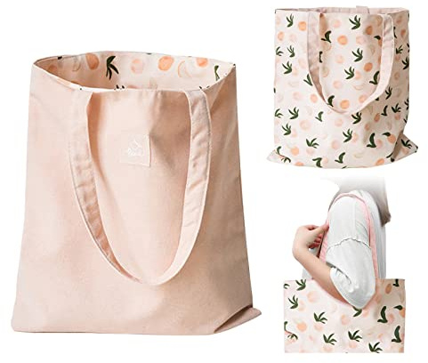 PLATEYTR Doble cara de algodón y bolsa de lona,Bolsa de tela,Bolsa de la compra,Hombro de algodón reversible bolsa de mensajero de lona para damas, niños(Peach,40cm x 36cm)