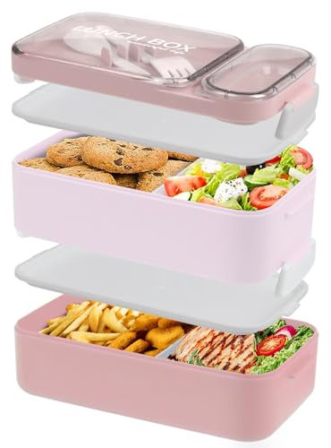HENSHOW Boîte à Déjeuner Bento pour Adulte, 1600ml Grande 2 Couches Boîte à Bento avec Couverts et Boîtes à Sauce, Lunch Box Sans BPA Anti-Fuite pour Travail, L'école, Rose
