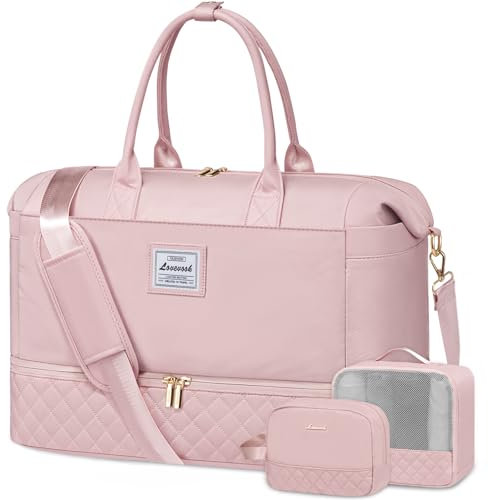 LOVEVOOK Kleine Reisetasche Handgepäck Tasche, Sporttasche Fitnesstasche Damen 40l, Travel Duffel Bag Women mit Koemetiktasche, Kliniktasche Geburt, Schwimmtasche Set für Frauen Gym Sport, Rosa