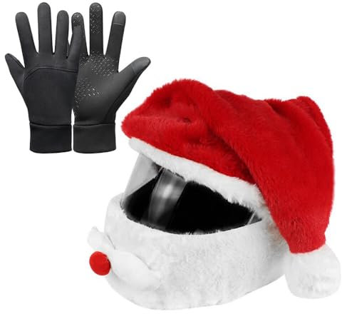 TGKYK Weihnachten Motorrad Helmbezug, Weihnachtsmann Motorradhelm Abdeckung Plüsch mit Touchscreen-Handschuhen, Autofahrer Handschuhe Herren, Weihnachtsmütze Helm mit Handschuhe Winter für Weihnachten