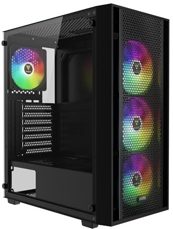 GAMDIAS PC-Gehäuse, ATX-Computergehäuse für Gaming, Mid-Tower, werkzeuglose Seite aus gehärtetem Glas, hohe Luftstrom-Mesh-Frontplatte, vorinstallierter 4 x 120 mm ARGB-Lüfter, Schwarz, AURA GC2 Elite
