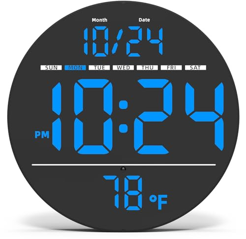 Digital Wall Clock with Large LED Display, Date, Temperature, Auto-Brightness | Small [PLUG-IN] Clock | Modern Electric Wall Clock for Bedroom, Classroom, Living Room, Home, Office, Farmhouse - Blue