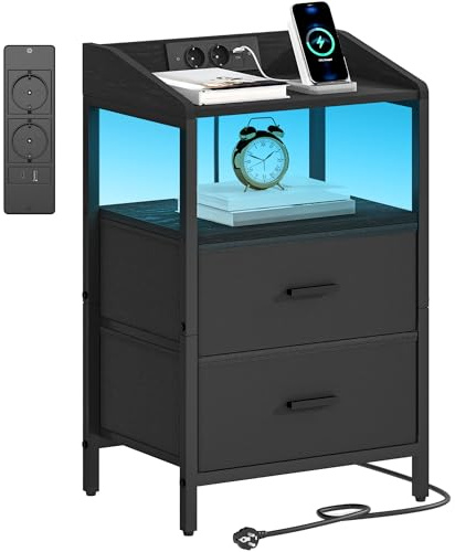 Hzuaneri Nachttisch mit LED-Leuchten und ladefunktion, Beistelltisch mit 2 Stoff-Schubladen mit USB-Anschlüssen & Steckdosen, für Schlafzimmer, Wohnzimmer, Schwarz NS36104B