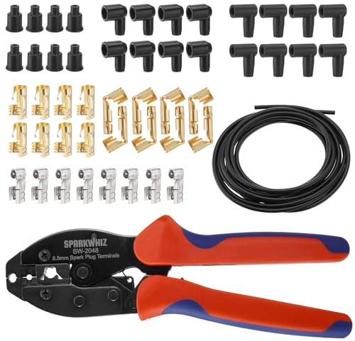 Ratchet Spark Plug Wire Crimping Tool Kit, 180 Degree/90 Degree/Straight Spark Plug Coil Terminals & 24PCS Boots, Ratcheting Wire Crimper Diameter 8.5-8mm (With Spark Plug Wires)