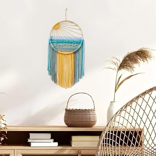 GOGLAM Arazzo da appendere alla parete in macramè, stile bohémien, decorazione da parete con sole, acchiappasogni colorati, per soggiorno, casa, soggiorno, 60 cm x 30 cm (lunghezza x larghezza) (alba)