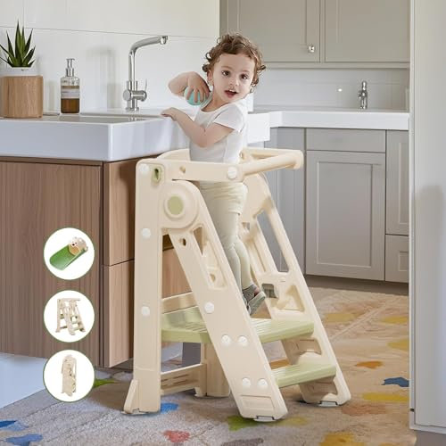 hoopyosms Klappbarer Lernturm für Kinder, Höhenverstellbarer Montessori Tritthocker für Küche, Bad und Kinderzimmer, Multifunktional ab 1 Jahr (Classic, Grün)