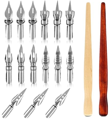 Ucfalfo Dip Pen, 17PCS Calligraphy Pens Set with 2 Wooden Pen Rods and 15 Versatile Stainless Steel Pen Replacement Nibs, Complete Dip Pens for artists, Sketching, Writing, Signing and manga