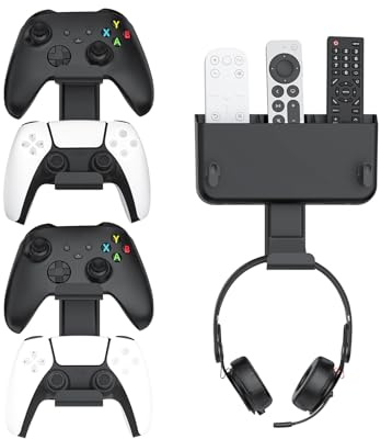 Porta Telecomandi & Cuffie & Controller da Parete, 2 Supporti con Ganci Muro per 4 Controller, Organizzatore da Parete per Telecomando, con Nastro Adesivo Resistente