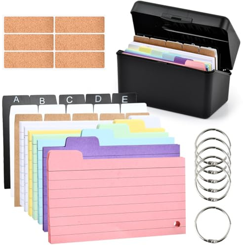 BATINO Caja de fichas negra, con 230 fichas gruesas de colores, 15 fichas, 6 anillas y 6 pegatinas, para viajes, aprendizaje, notas, escuela, oficina y hogar
