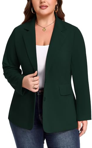 LADI TREND Plus Size Blazer Jackets for Women Button Front Casual Long Sleeve Lapel Collar Slim Work Office Blazers Lightweight Jacket #Dark Green,Size 2XL