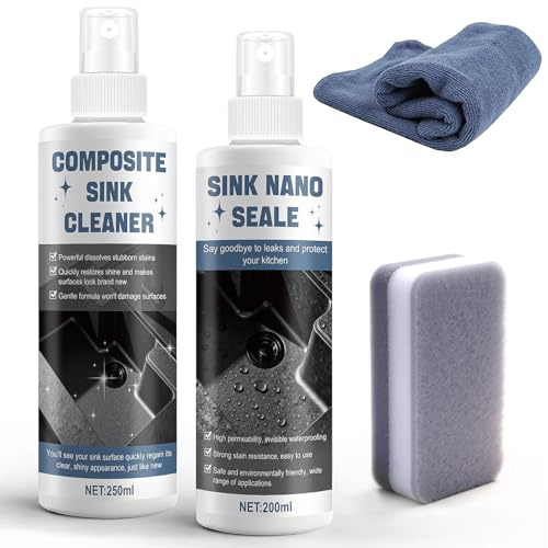 Granite Sink Cleaner 250ml, Impregnación para Fregaderos de Granito 200ml, Limpiador Encimeras Piedra Natural, con 1 Esponjas y 1 Paño de Microfibra, Limpieza y Mantenimiento de Diversos Fregaderos