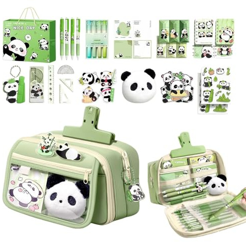Generiskt brevpappersset med panda-design | skolmaterial med panda-tema, pennfodral med djurmotiv, för klassrum, och flickor, födelsedagar, jul, fester och skolstart