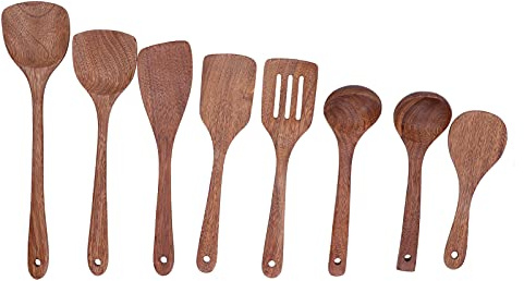 Set di 8 utensili da in legno, strumenti per la con spatola, cucchiaio e pala, utensili per mescolare, rimestare e servire in legno naturale per pentole antiaderenti