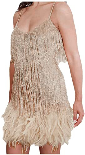 Munweiyu Robe à franges pour femme - Sexy - Paillettes - Robe de danse - Robe à franges - Col en V - Bretelles spaghetti - Avec ourlet en plumes - Robe de soirée - Robe de cocktail des années 20