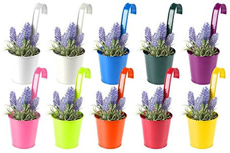 simpa 10 x Bright Colourful Metal Balcony Plant Flower Pot Hanging Vase Set of 10 Bright Colours Extra Thick Durable Steel Design Home Garden Décor