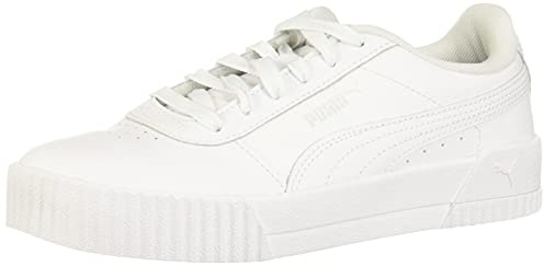 PUMA Womens Carina Leather Sneaker, White Silver, 6.5