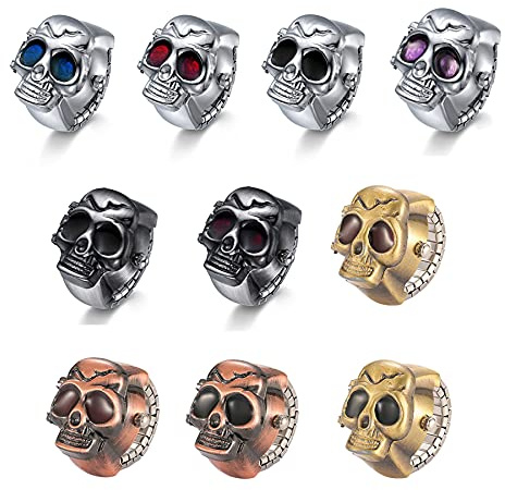 JewelryWe Punk fingerklocka, herr och dam rund elastisk kvarts klocka, skalle stil klockring, valfri färg