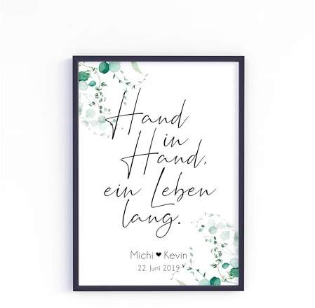 Yuweli personalisiertes hochzeitsposter mit namen und datum – poster zur hochzeit hand in hand motiv – geschenk zur vermählung oder zum jahrestag – druck auf hochwertigem designpapier