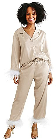 Y WJing Yi Jia - Set pigiama in seta satinata per donne, con piume, 2 pezzi, con bottoni, per damigelle d'onore, sposa, pigiama da sposa, pigiama da cerimonia nuziale, pigiama da notte, abito da