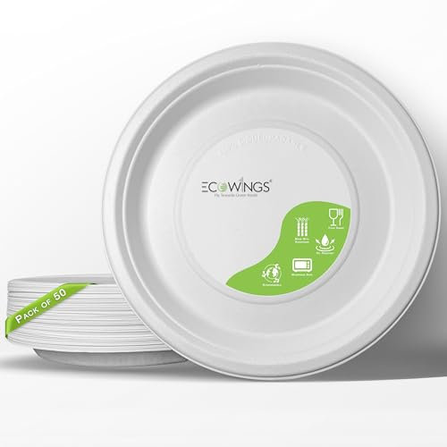 ECOWINGS Premium 12 inch Large Disposable Plates - Pack of 50. Made from Sugarcane Fibre - Bagasse Compostable Plates, Sustainable Solutions for Plastic-Free Parties and Events!
