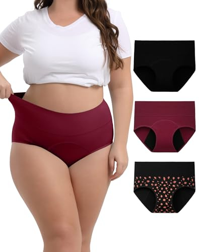 INNERSY Period Underwear for Women High Waisted Leak-Proof Postpartum Menstrual Panties 3-Pack (Rose Print, 4X-Large)