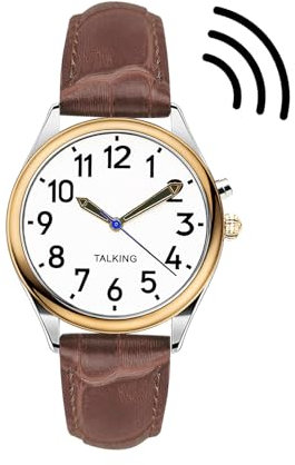 MAUJOY Women's British English Talking Watch(Brown Leather Watch Band) Large Display & Loud Sound, Announces Time, Date & Alarm, Ideal for Elderly, Visually Impaired or Blind Users